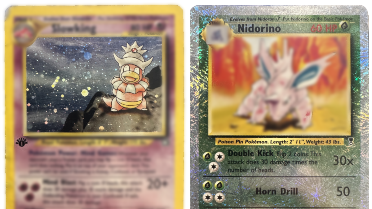 Bild som visar skillnaden mellan Holo, 1st Edition och Reverse Holo